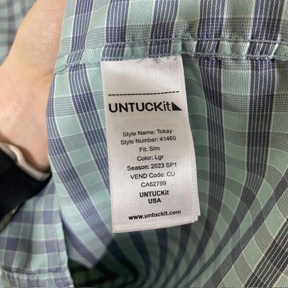 UnTuckit Shirt Mens Small Slim Polyester Stretch Button Long Sleeve Green Blue - Picture 4 of 5